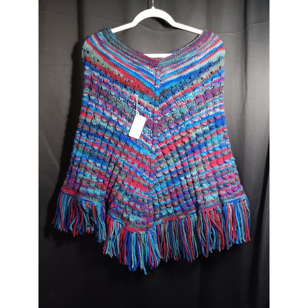 The Sweater Venture NOS 100% Wool Multicolor Fringe Poncho Hand Knit in Ecuador